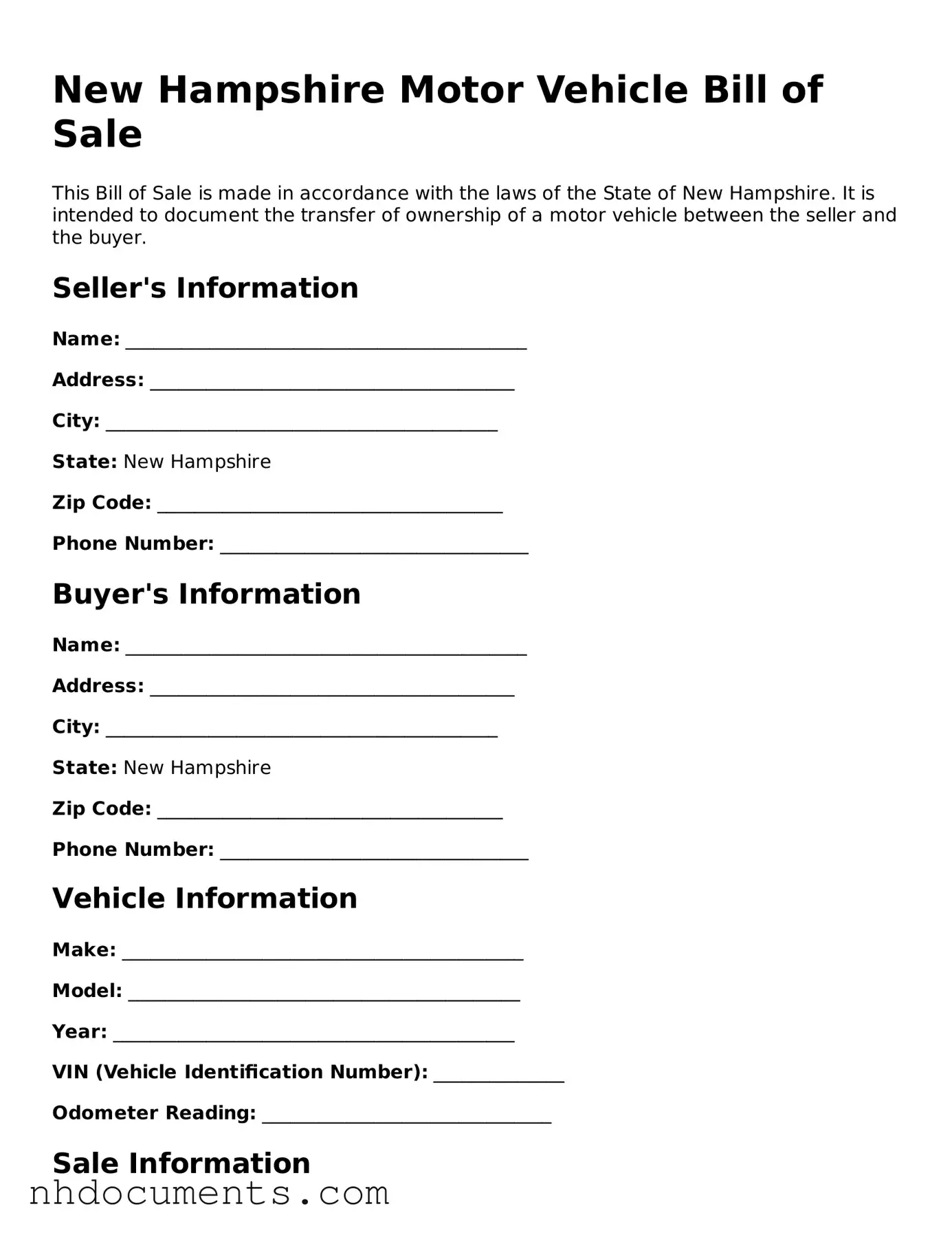 Valid New Hampshire Motor Vehicle Bill of Sale Form
