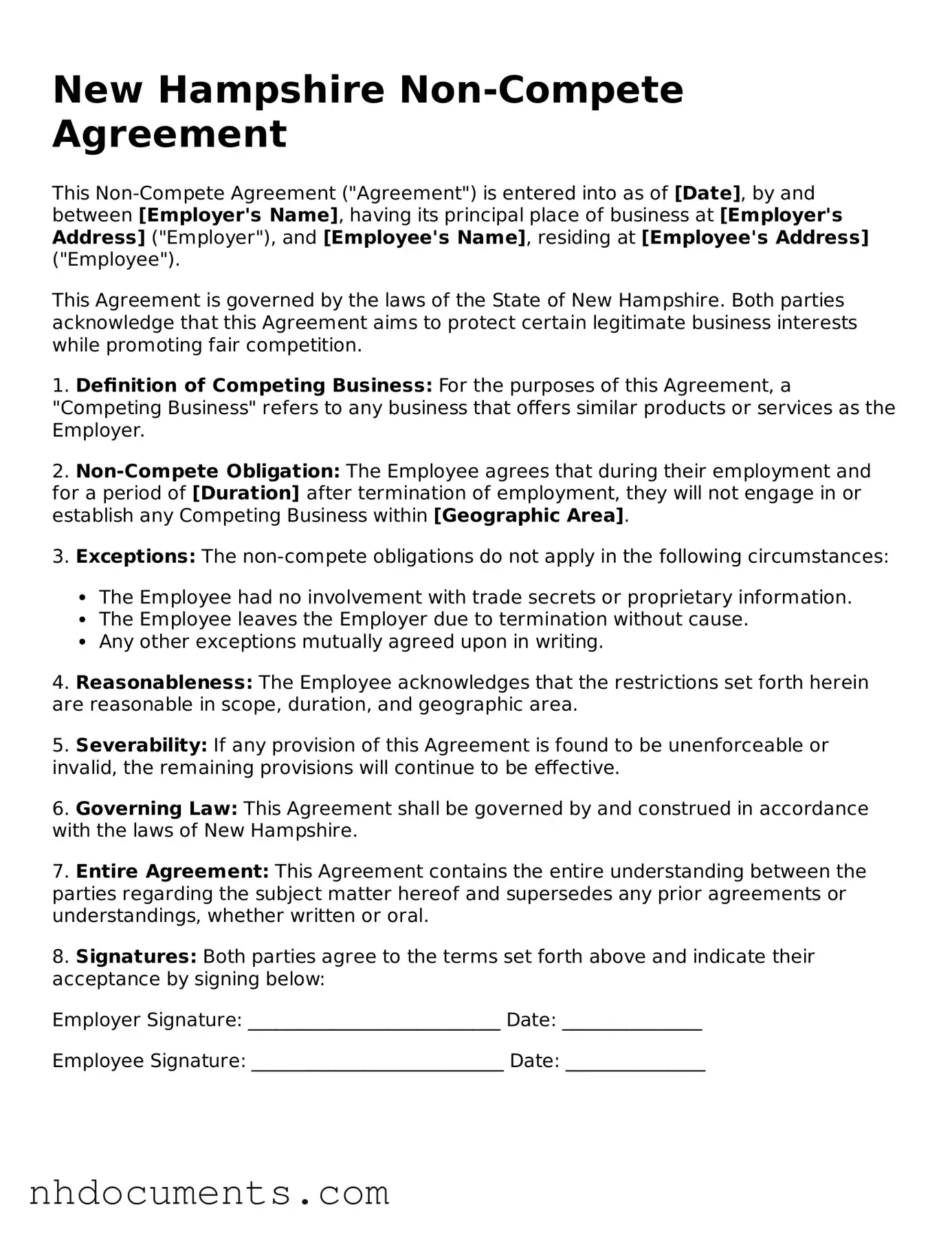 Valid New Hampshire Non-compete Agreement Form