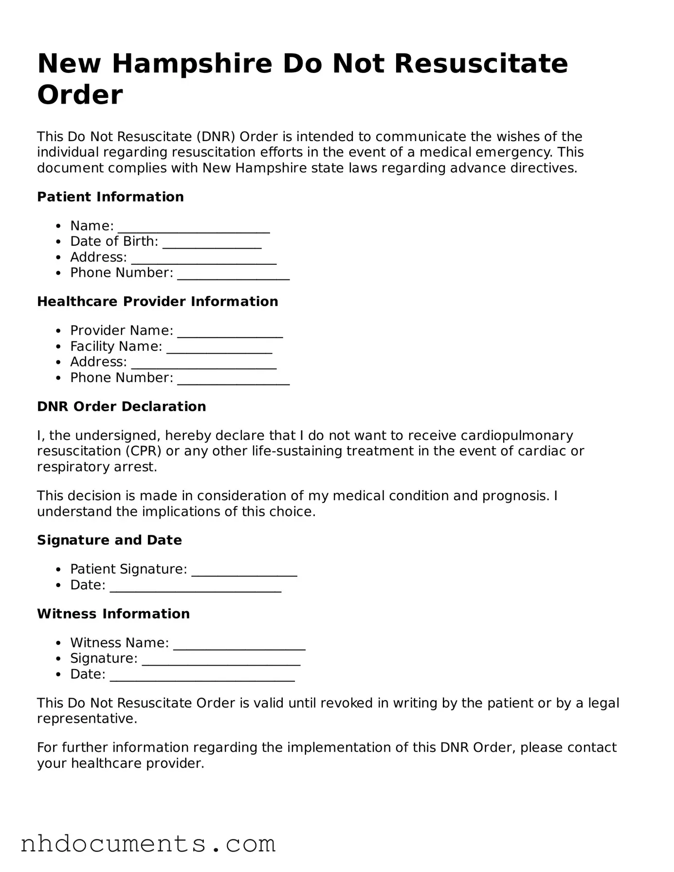 Valid New Hampshire Do Not Resuscitate Order Form