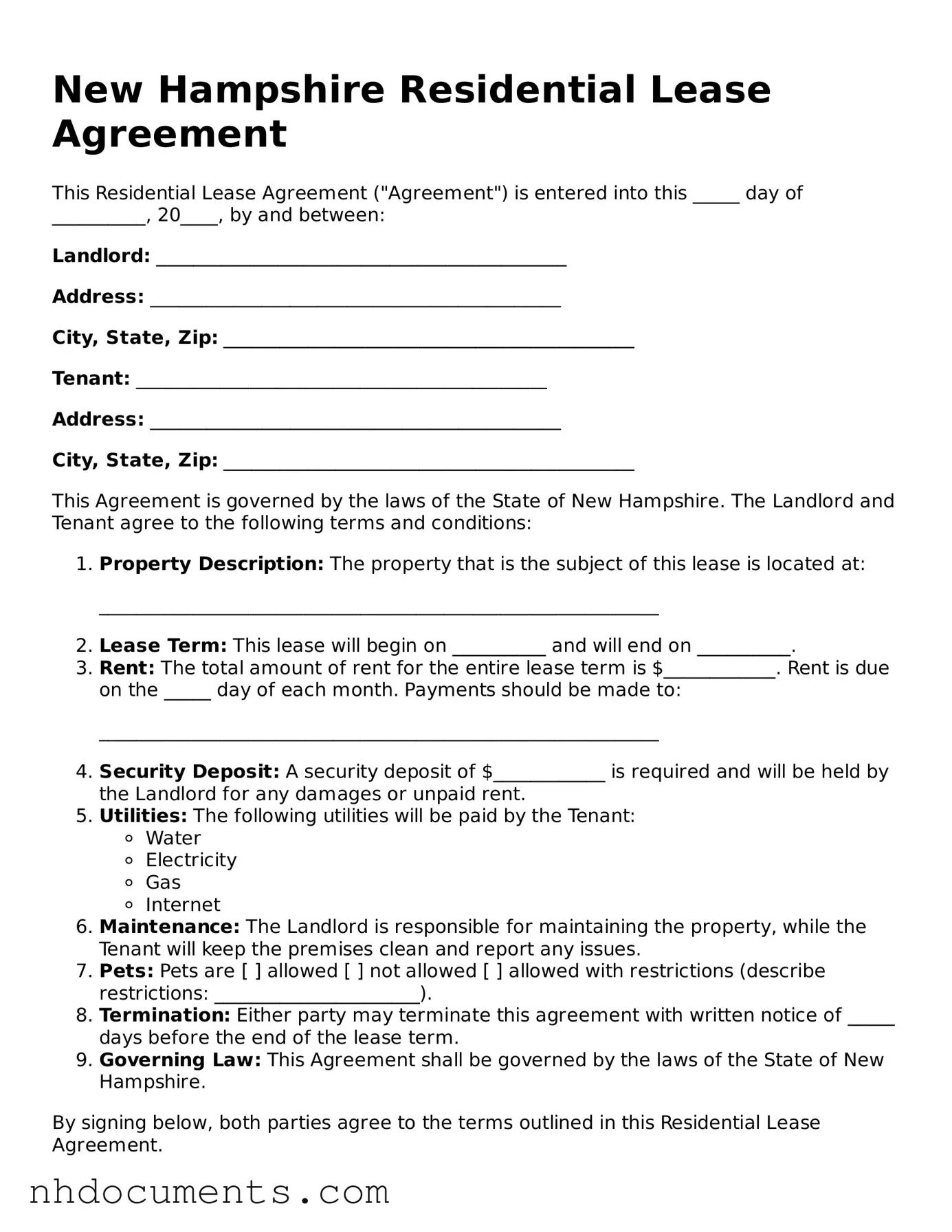 Valid New Hampshire Residential Lease Agreement Form
