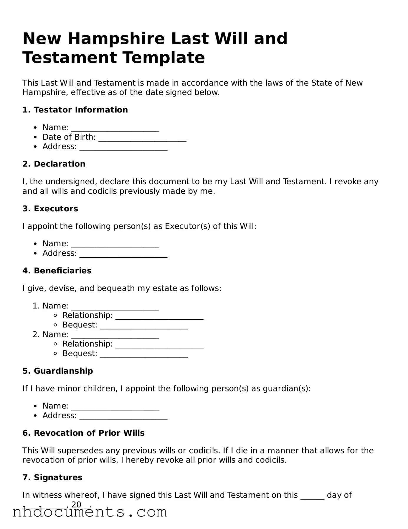 Valid New Hampshire Last Will and Testament Form