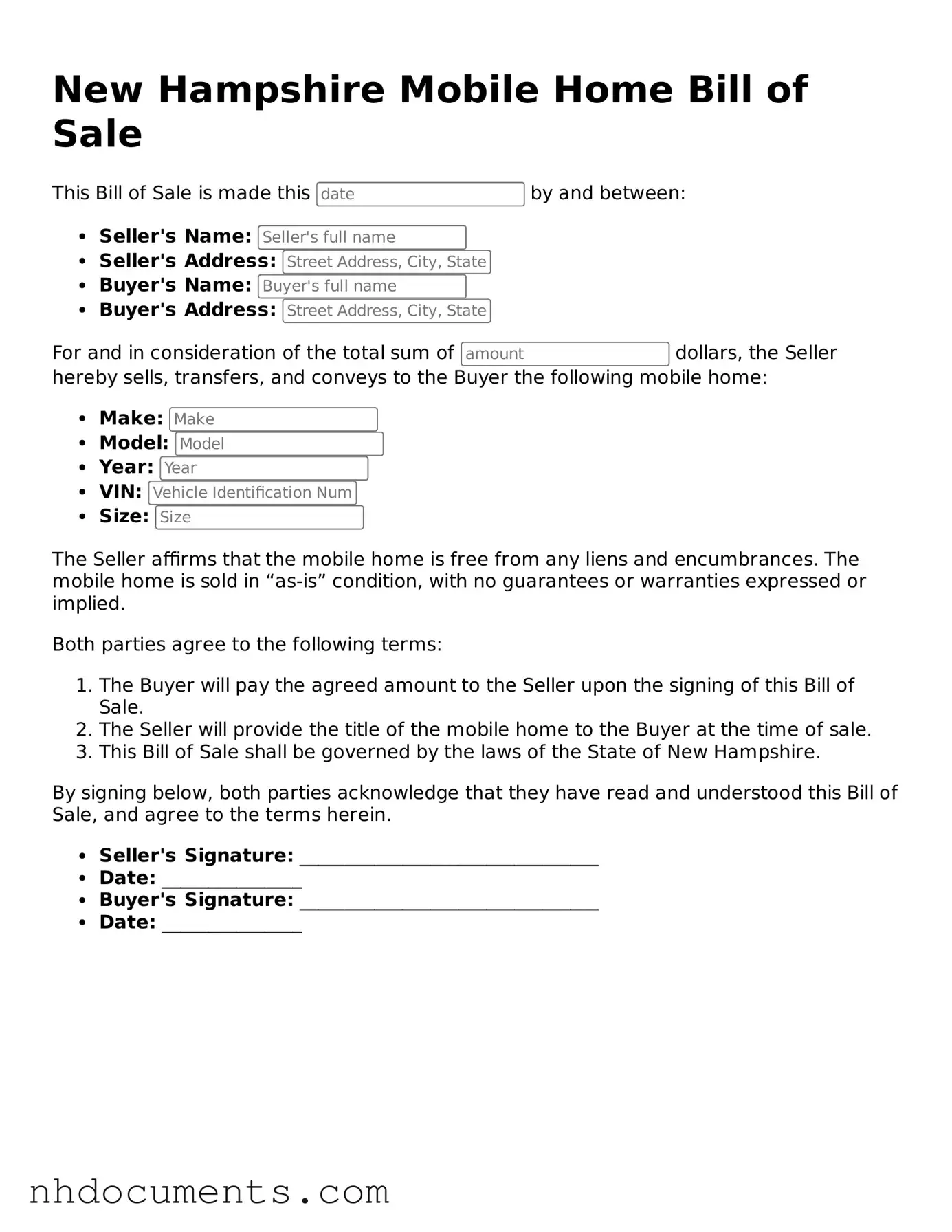 Valid New Hampshire Mobile Home Bill of Sale Form