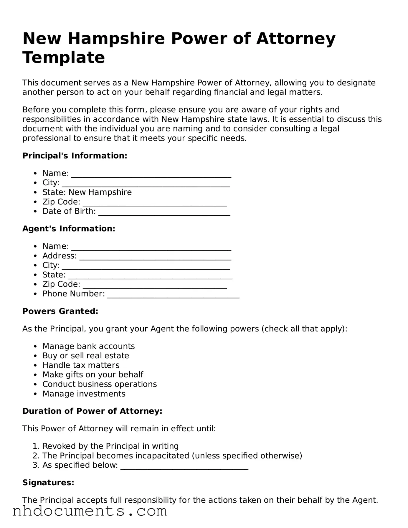 Valid New Hampshire Power of Attorney Form