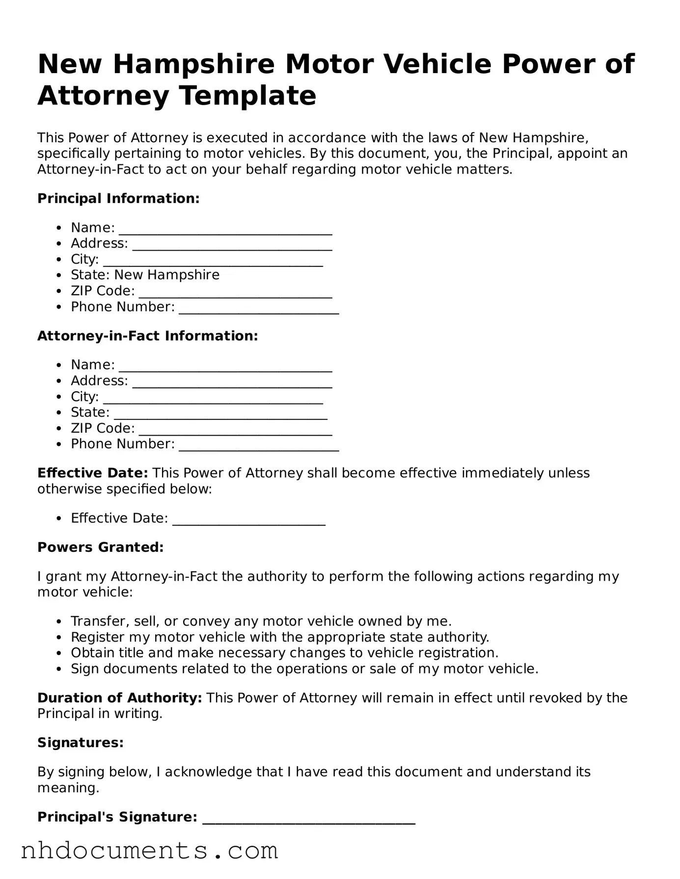 Valid New Hampshire Motor Vehicle Power of Attorney Form