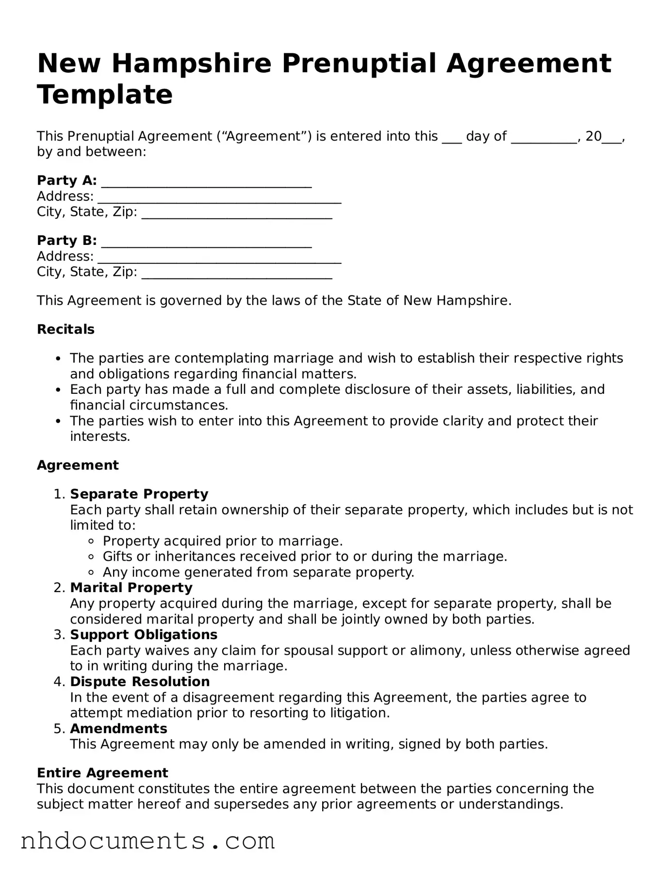 Valid New Hampshire Prenuptial Agreement Form
