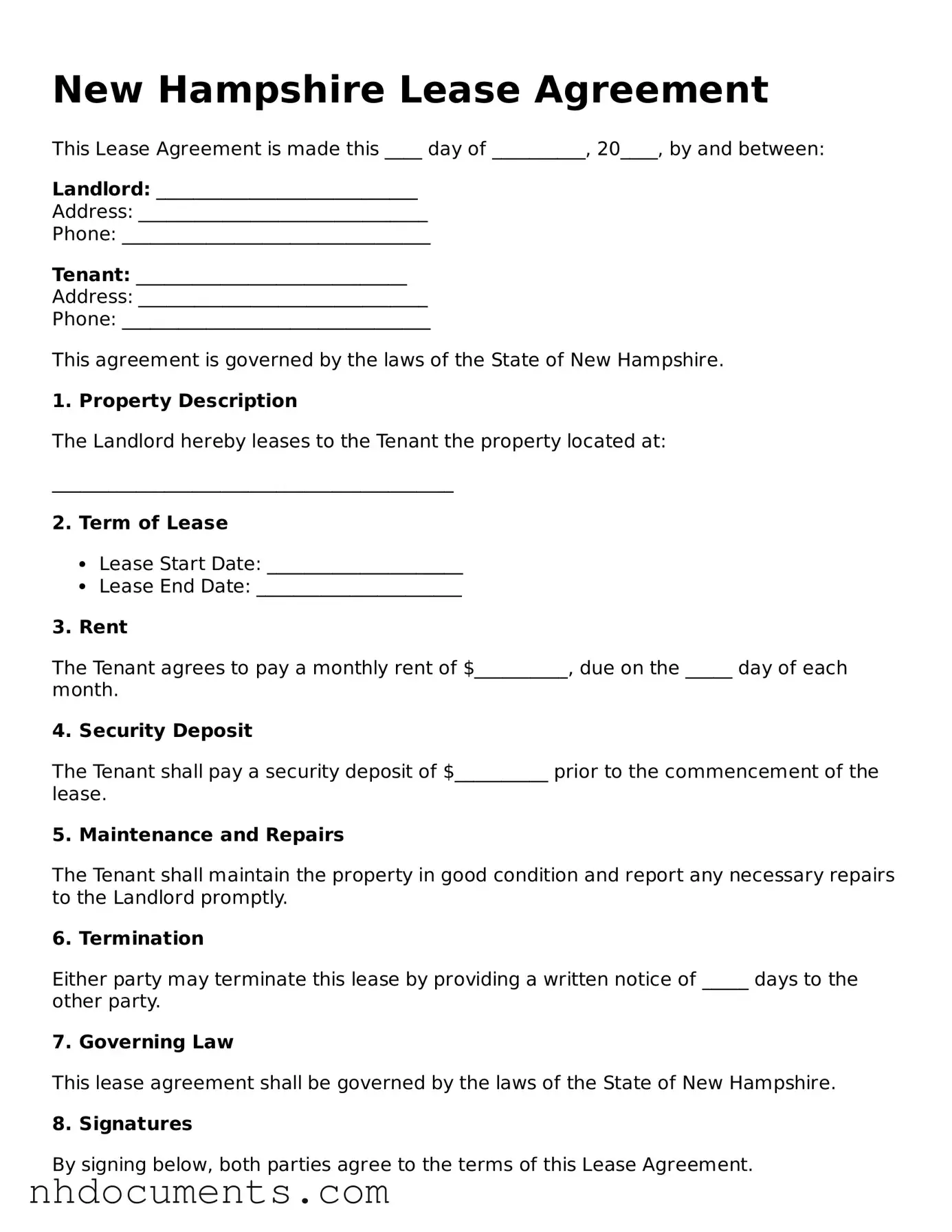 Valid New Hampshire Lease Agreement Form