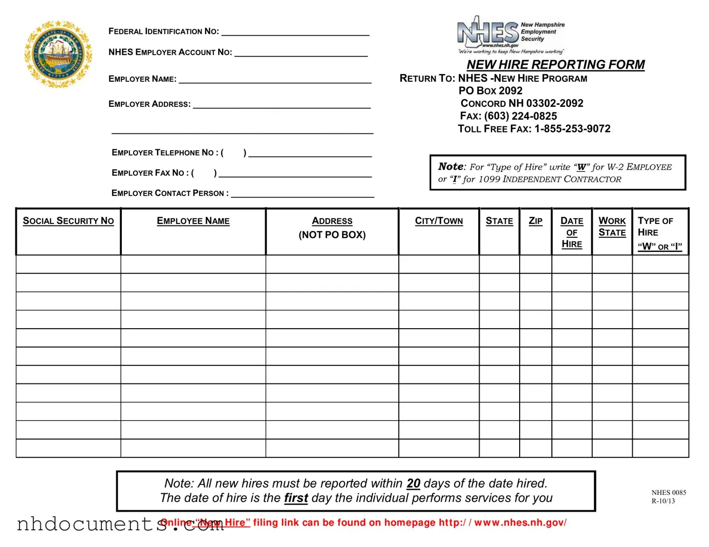 Blank New Hampshire Reporting PDF Form