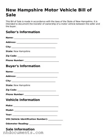 Valid New Hampshire Motor Vehicle Bill of Sale Form