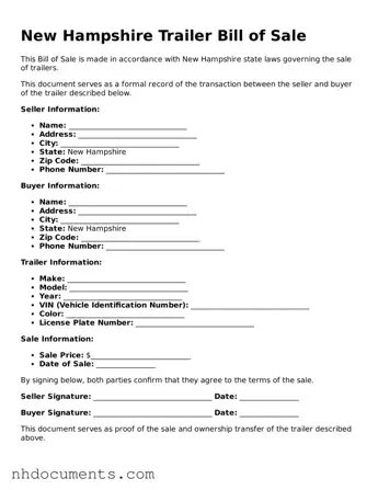 Valid New Hampshire Trailer Bill of Sale Form