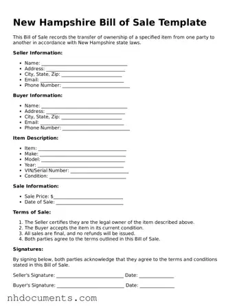 Valid New Hampshire Bill of Sale Form