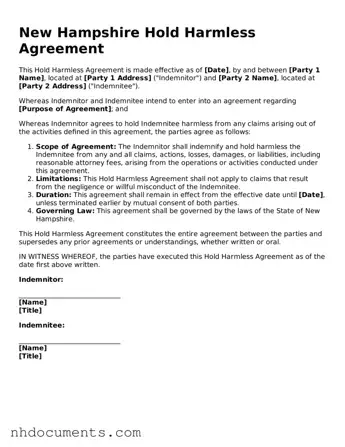 Valid New Hampshire Hold Harmless Agreement Form