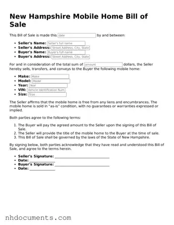 Valid New Hampshire Mobile Home Bill of Sale Form