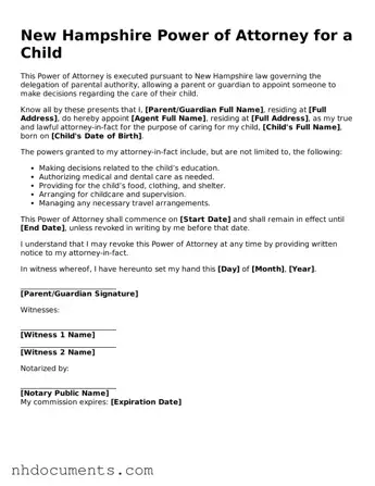 Valid New Hampshire Power of Attorney for a Child Form
