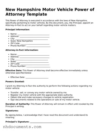 Valid New Hampshire Motor Vehicle Power of Attorney Form